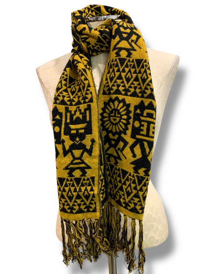 Vintage Sweater Knit Scarf Gold Black Aztec Print Fringed 69" x 9.5"