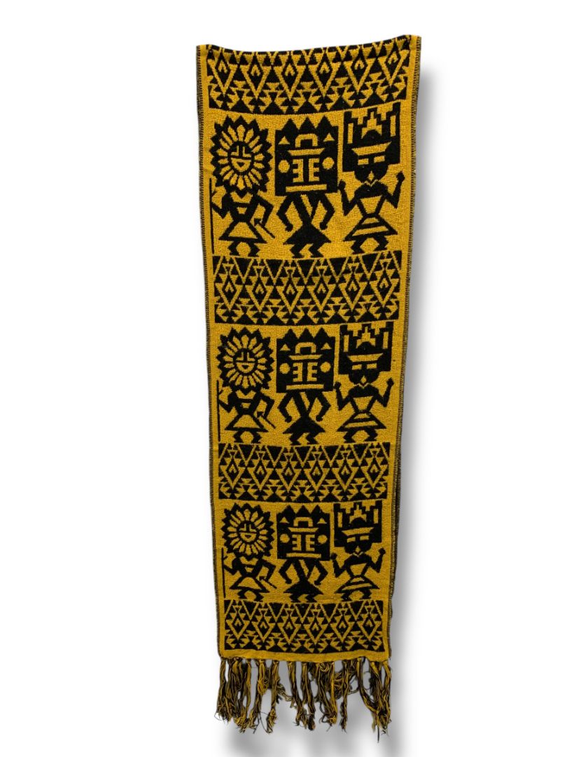 Vintage Sweater Knit Scarf Gold Black Aztec Print Fringed 69" x 9.5"