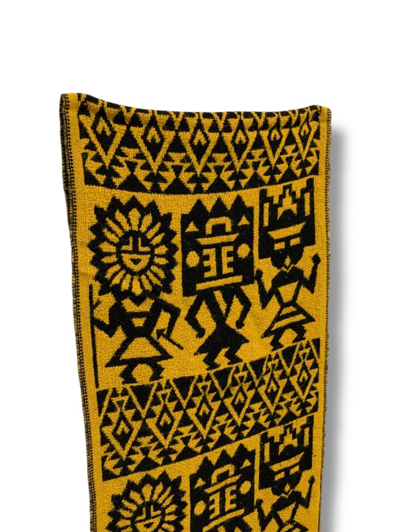 Vintage Sweater Knit Scarf Gold Black Aztec Print Fringed 69" x 9.5"