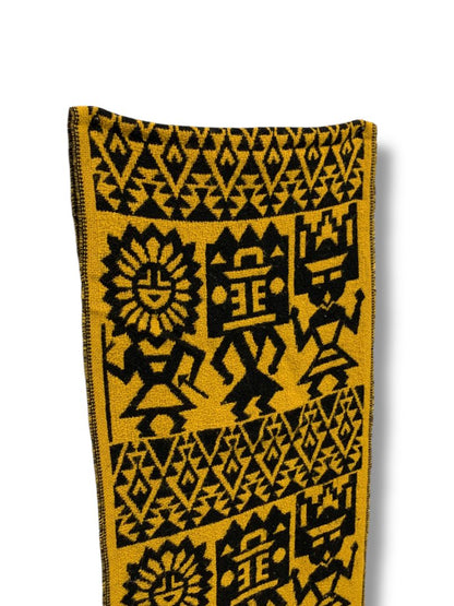 Vintage Sweater Knit Scarf Gold Black Aztec Print Fringed 69" x 9.5"