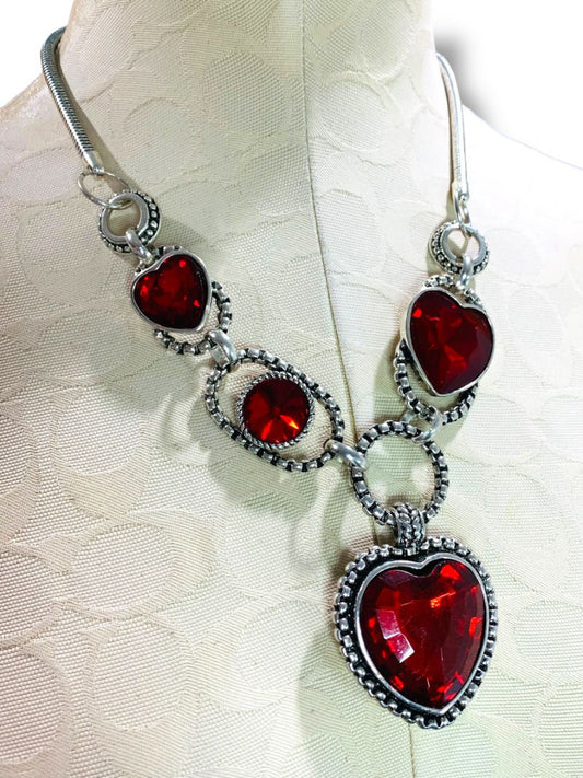 Chunky Silvertone Red Heart Statement Necklace 20-23"