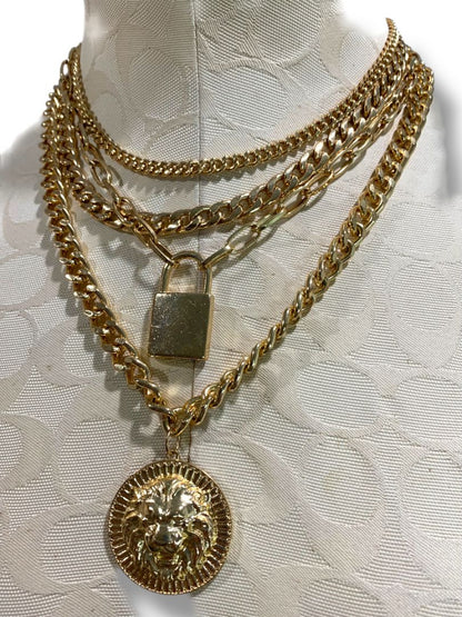 Goldtone Multistrand Tiered Necklace Pendants Lion Lock 15"-17.5"