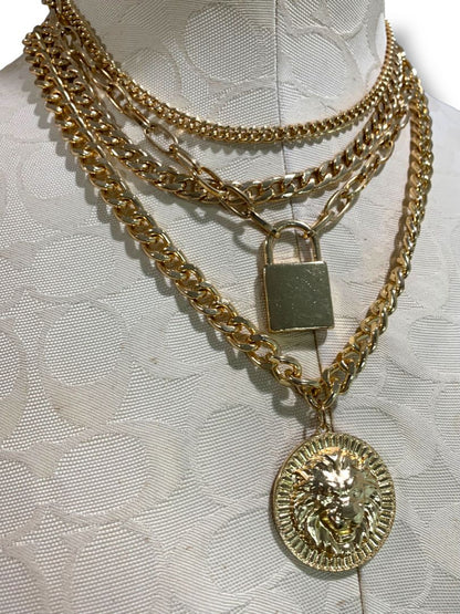 Goldtone Multistrand Tiered Necklace Pendants Lion Lock 15"-17.5"