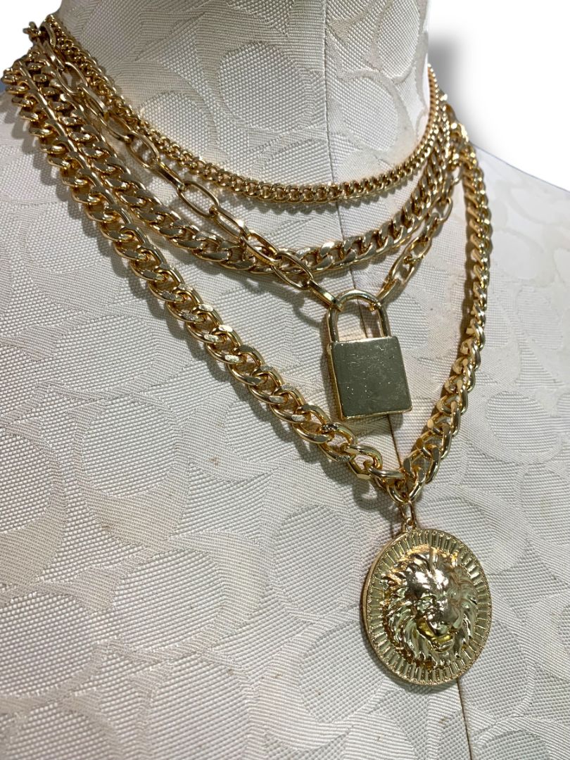 Goldtone Multistrand Tiered Necklace Pendants Lion Lock 15"-17.5"