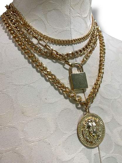 Goldtone Multistrand Tiered Necklace Pendants Lion Lock 15"-17.5"