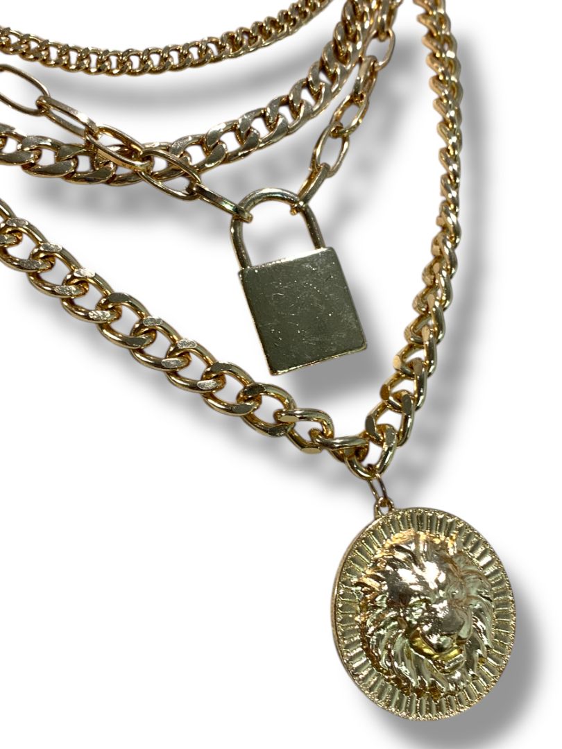 Goldtone Multistrand Tiered Necklace Pendants Lion Lock 15"-17.5"