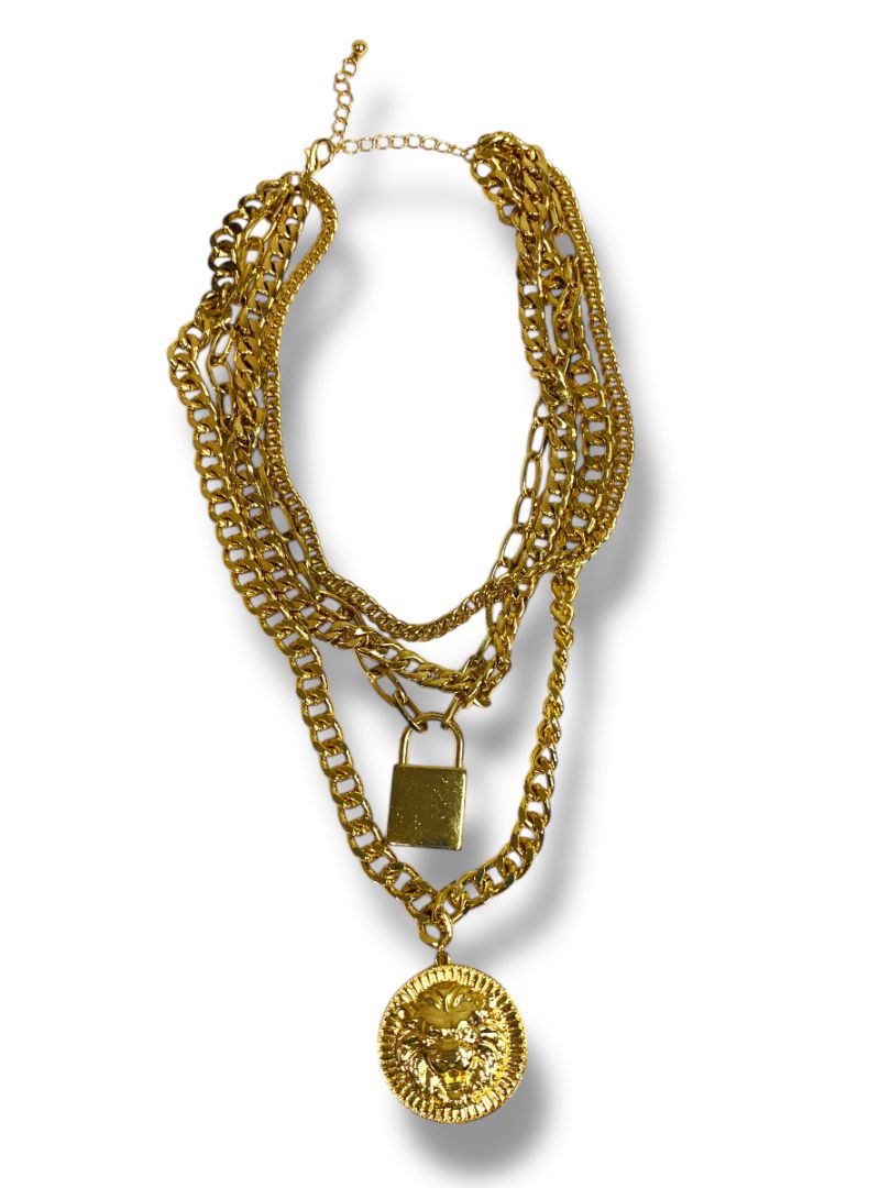 Goldtone Multistrand Tiered Necklace Pendants Lion Lock 15"-17.5"