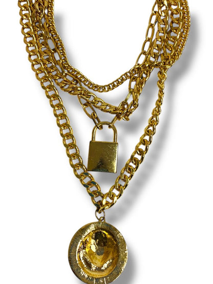 Goldtone Multistrand Tiered Necklace Pendants Lion Lock 15"-17.5"