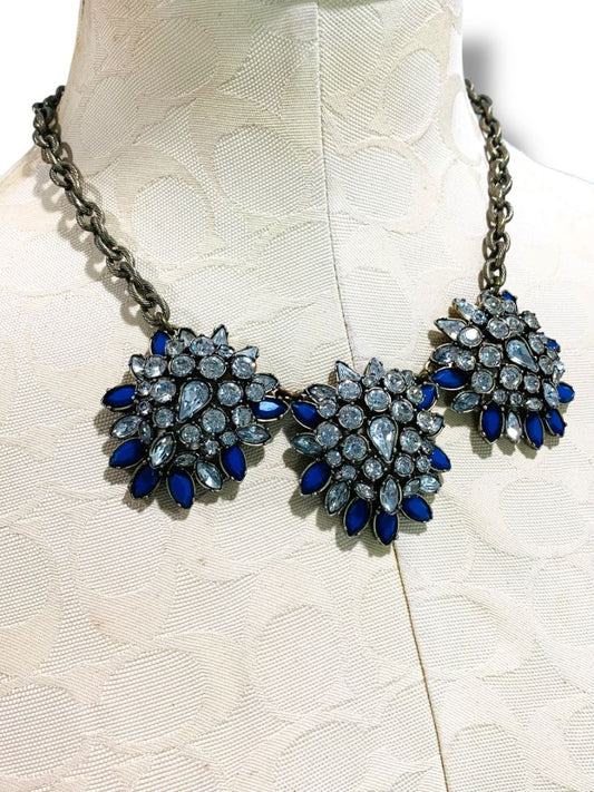Loft Statement Floral Necklace Antiqued Goldtone Blue Clear 18-21"