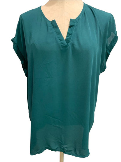 Size 1X Papermoon Womens Emerald Green Split Neck Shirt Contrast Fabric