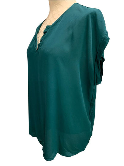 Size 1X Papermoon Womens Emerald Green Split Neck Shirt Contrast Fabric