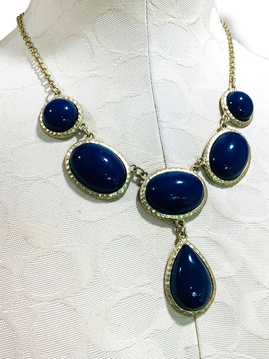 Matte Goldtone Dark Blue Statement Necklace Lays Flat 18-21"