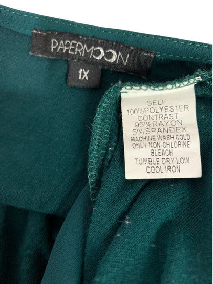 Size 1X Papermoon Womens Emerald Green Split Neck Shirt Contrast Fabric