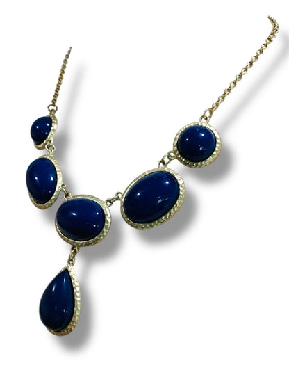 Matte Goldtone Dark Blue Statement Necklace Lays Flat 18-21"