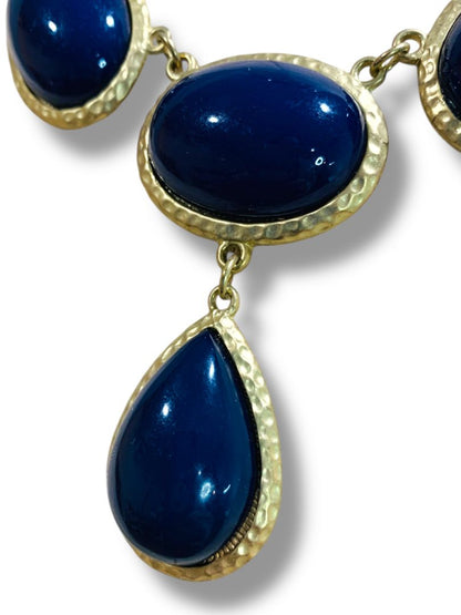 Matte Goldtone Dark Blue Statement Necklace Lays Flat 18-21"