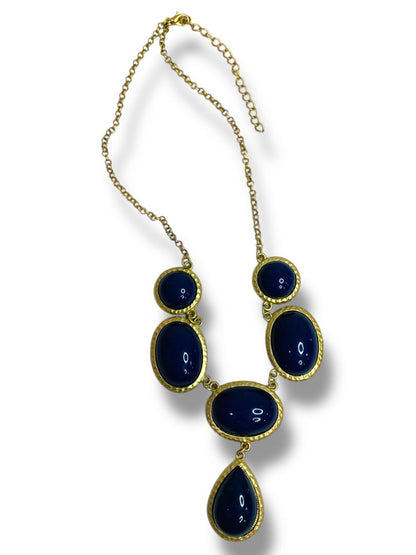 Matte Goldtone Dark Blue Statement Necklace Lays Flat 18-21"