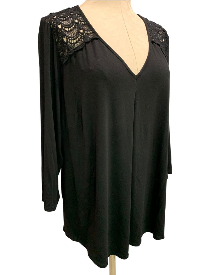 Size 1X Daniel Rainn Womens Black V-Neck Lace Shoulder Shirt Soft Knit