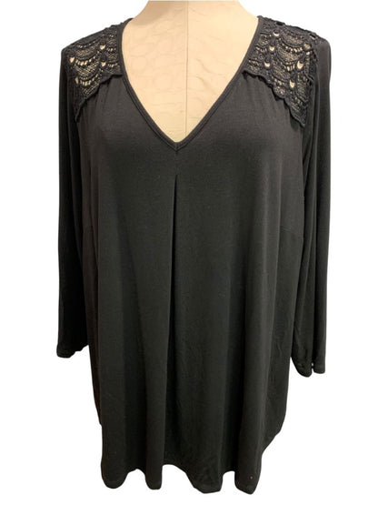 Size 1X Daniel Rainn Womens Black V-Neck Lace Shoulder Shirt Soft Knit