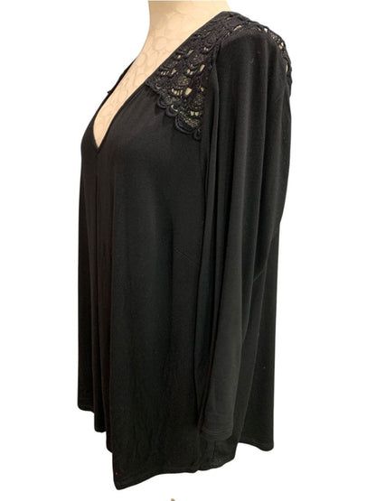 Size 1X Daniel Rainn Womens Black V-Neck Lace Shoulder Shirt Soft Knit
