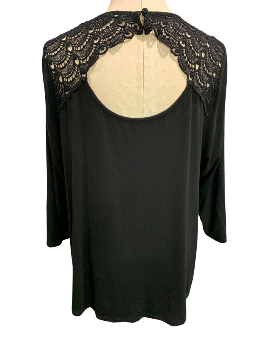 Size 1X Daniel Rainn Womens Black V-Neck Lace Shoulder Shirt Soft Knit