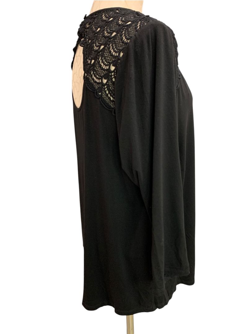Size 1X Daniel Rainn Womens Black V-Neck Lace Shoulder Shirt Soft Knit