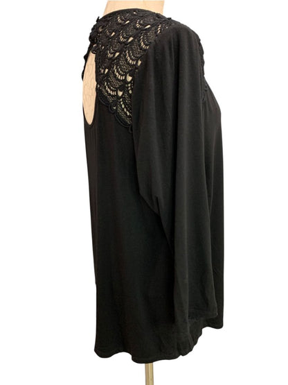Size 1X Daniel Rainn Womens Black V-Neck Lace Shoulder Shirt Soft Knit