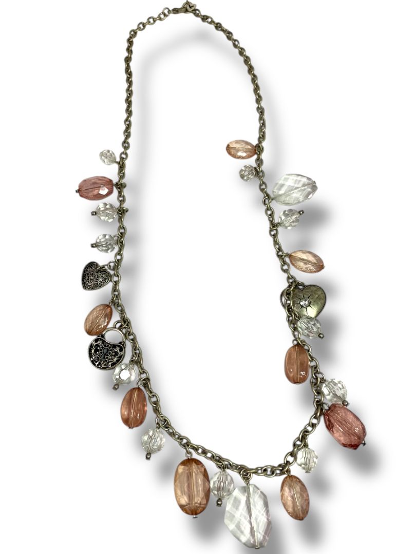 American Eagle Distressed Silvertone Beaded Necklace Heart Charms 30"