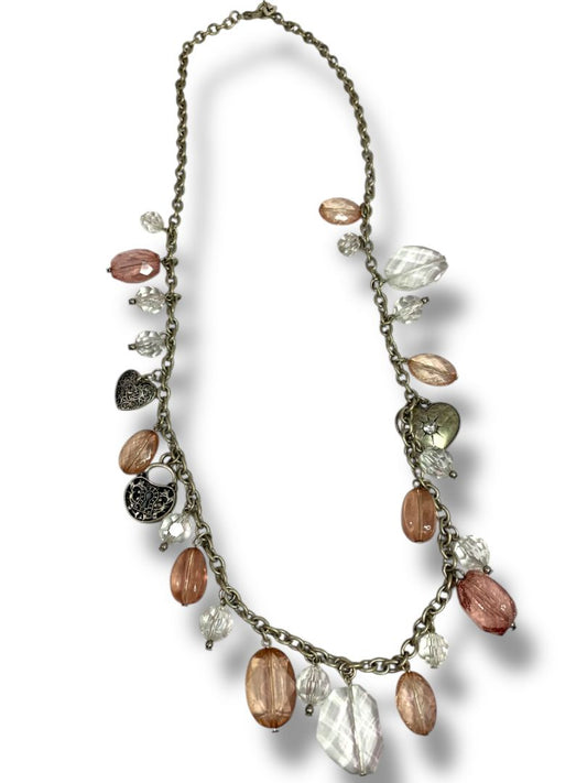 American Eagle Distressed Silvertone Beaded Necklace Heart Charms 30"