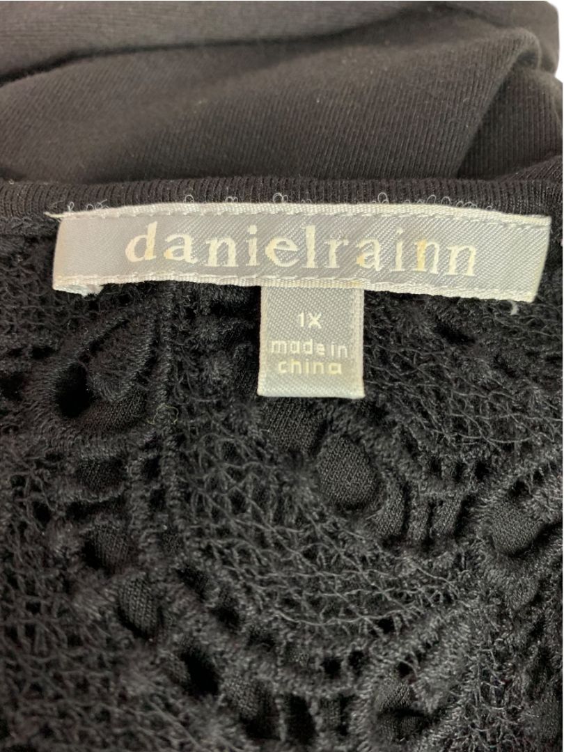 Size 1X Daniel Rainn Womens Black V-Neck Lace Shoulder Shirt Soft Knit