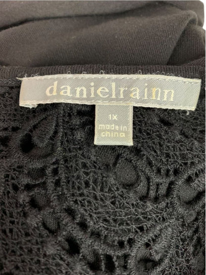 Size 1X Daniel Rainn Womens Black V-Neck Lace Shoulder Shirt Soft Knit