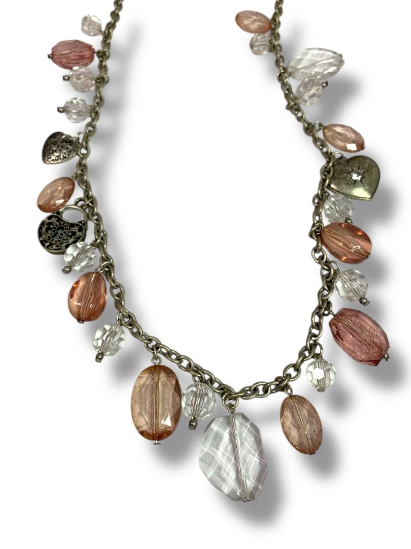 American Eagle Distressed Silvertone Beaded Necklace Heart Charms 30"