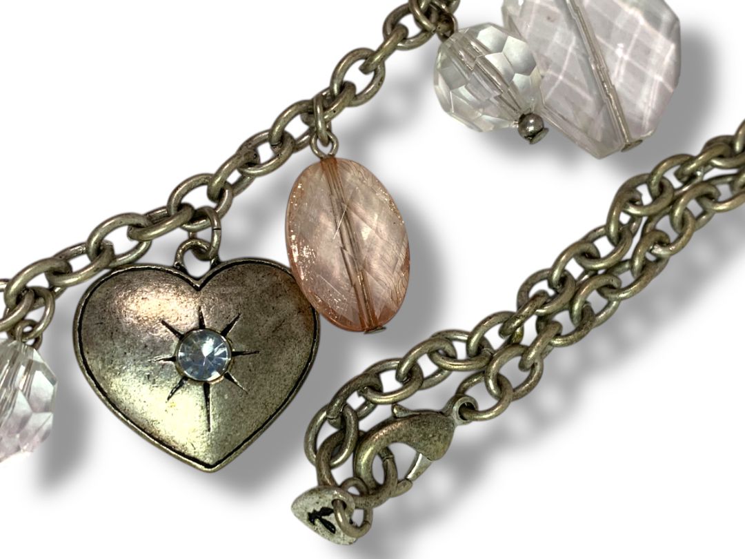 American Eagle Distressed Silvertone Beaded Necklace Heart Charms 30"