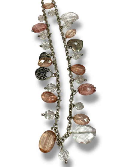 American Eagle Distressed Silvertone Beaded Necklace Heart Charms 30"