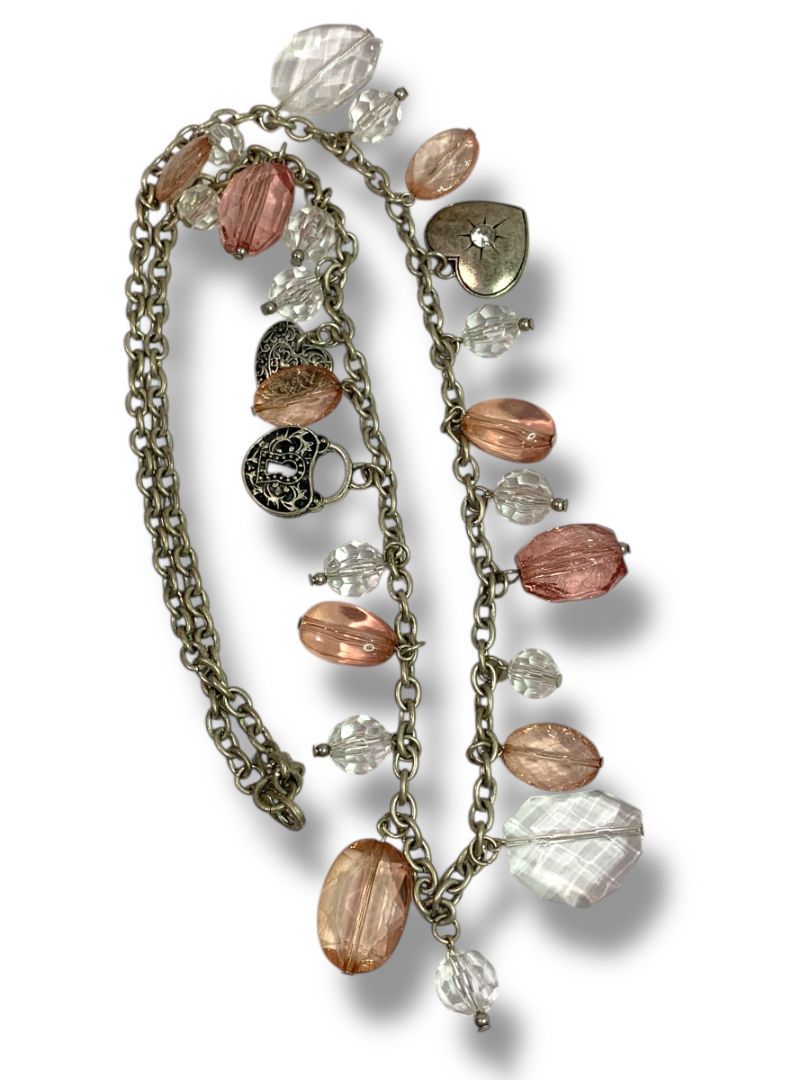 American Eagle Distressed Silvertone Beaded Necklace Heart Charms 30"