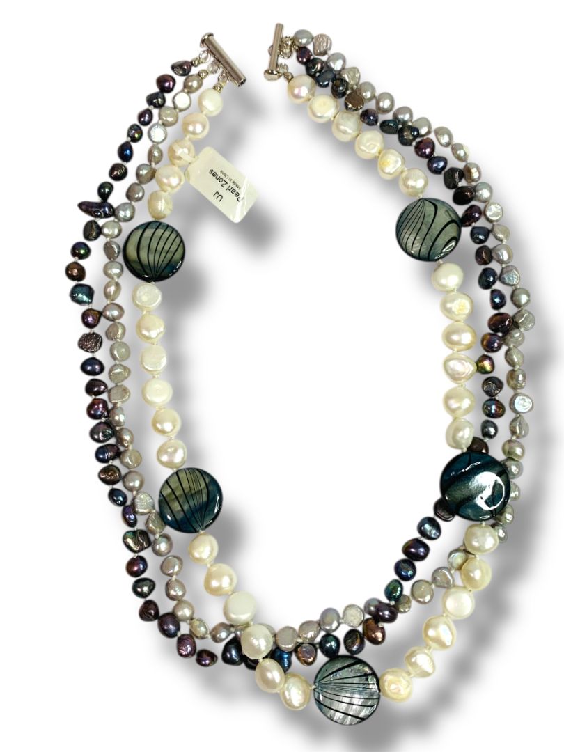 Pearl Zone Triple Strand Beaded Mixed Pearl Necklace Gray White 18.5" New
