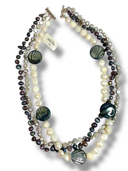 Pearl Zone Triple Strand Beaded Mixed Pearl Necklace Gray White 18.5" New