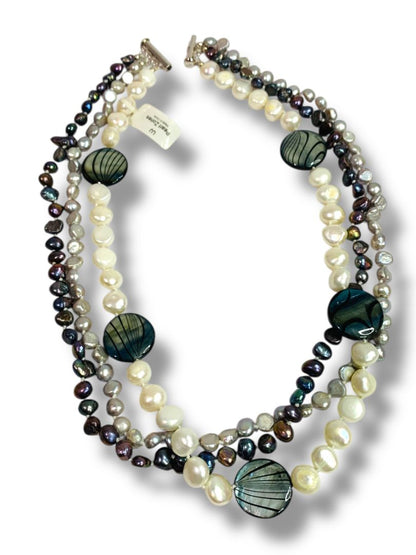 Pearl Zone Triple Strand Beaded Mixed Pearl Necklace Gray White 18.5" New