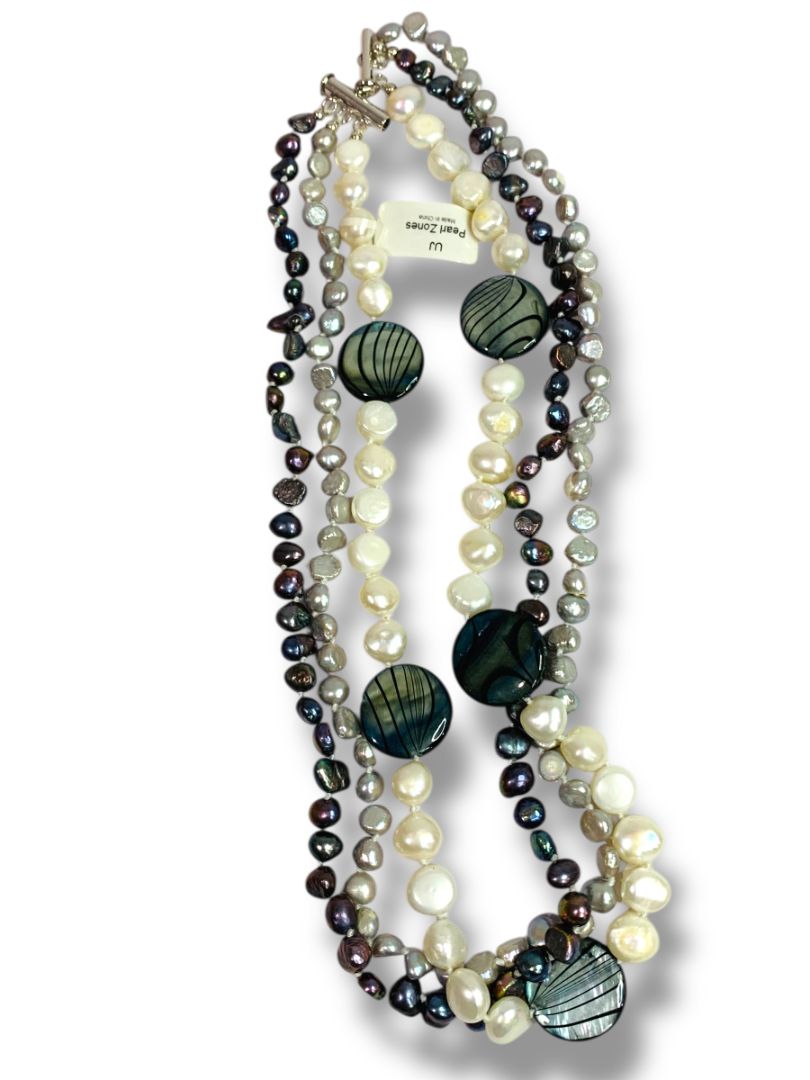 Pearl Zone Triple Strand Beaded Mixed Pearl Necklace Gray White 18.5" New