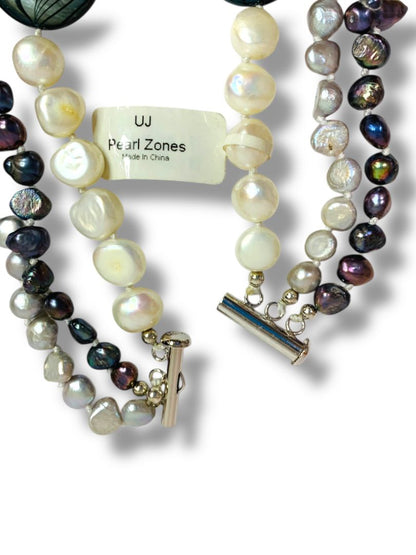 Pearl Zone Triple Strand Beaded Mixed Pearl Necklace Gray White 18.5" New
