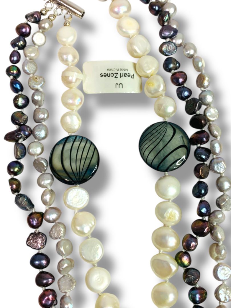 Pearl Zone Triple Strand Beaded Mixed Pearl Necklace Gray White 18.5" New