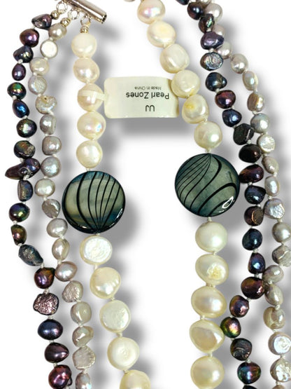 Pearl Zone Triple Strand Beaded Mixed Pearl Necklace Gray White 18.5" New