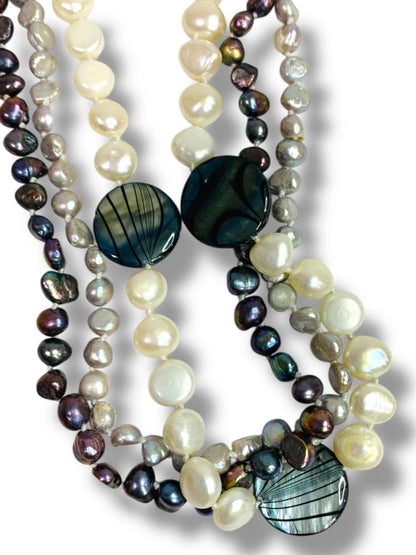 Pearl Zone Triple Strand Beaded Mixed Pearl Necklace Gray White 18.5" New