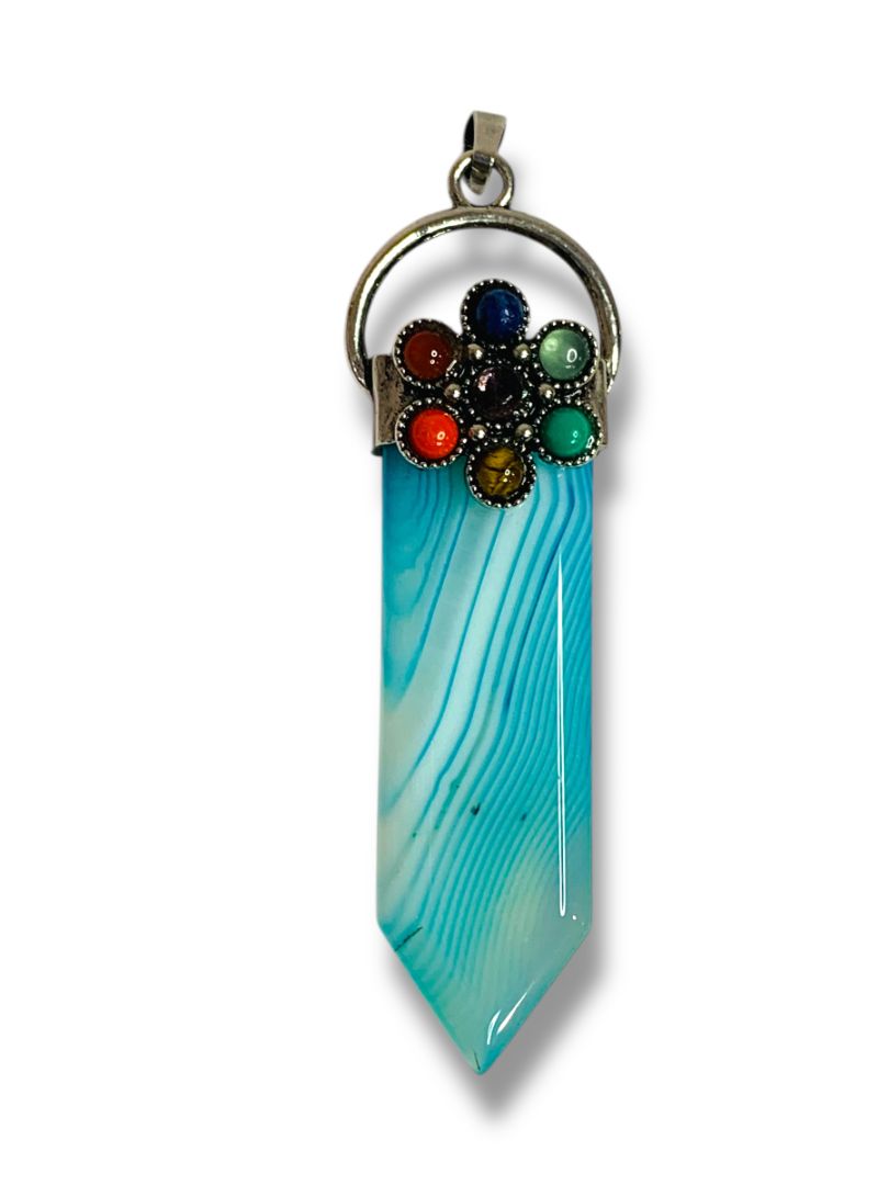 Aqua Striped Glass Pendant Floral Design 3" Silvertone