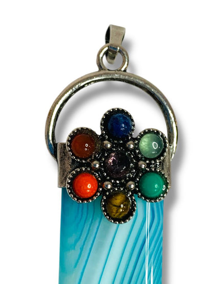 Aqua Striped Glass Pendant Floral Design 3" Silvertone