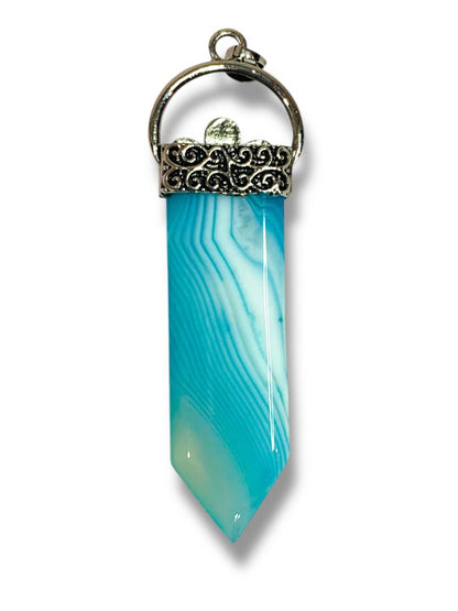 Aqua Striped Glass Pendant Floral Design 3" Silvertone