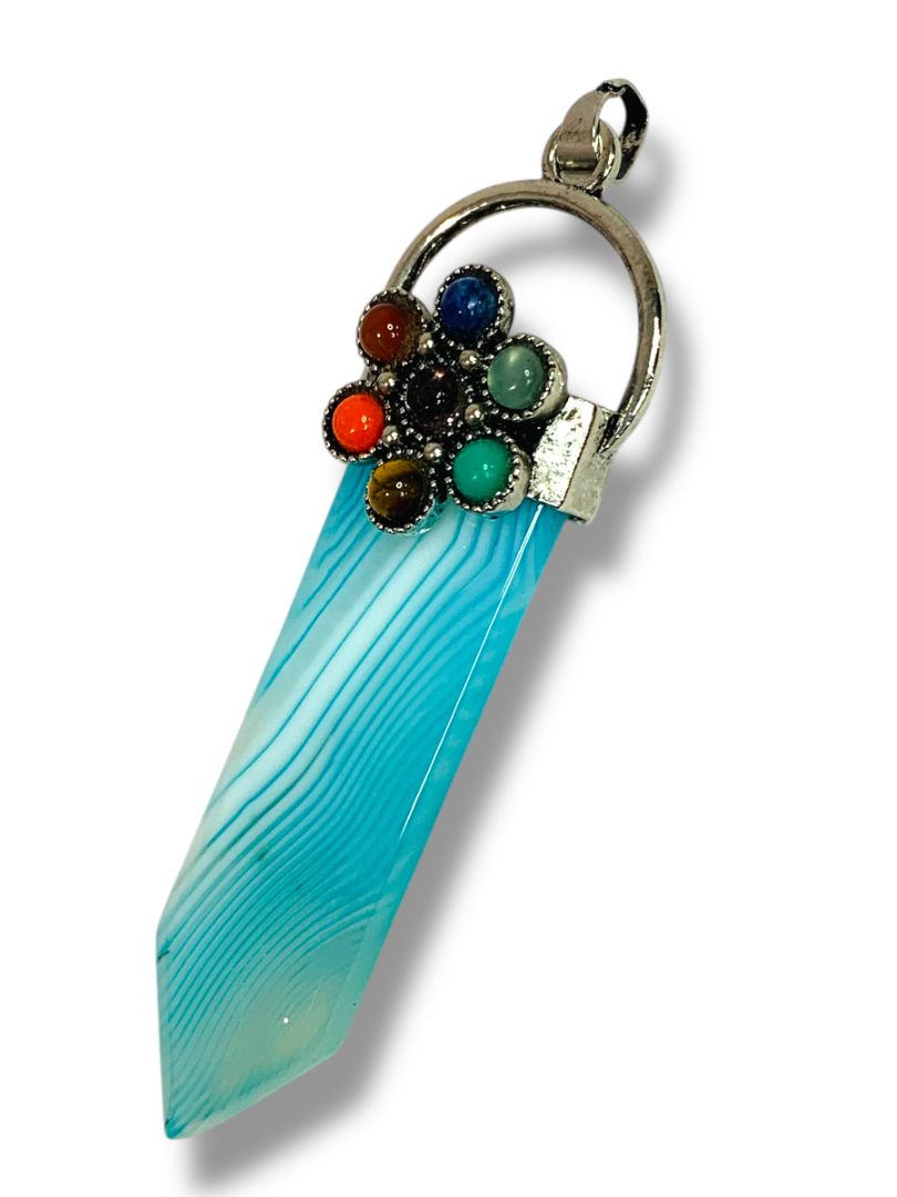 Aqua Striped Glass Pendant Floral Design 3" Silvertone