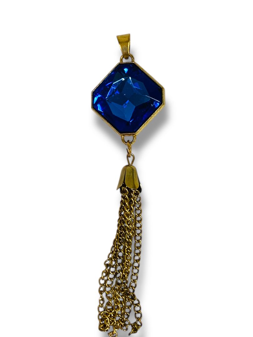 Goldtone and Blue Faceted Glass Tassel Necklace Pendant 5"