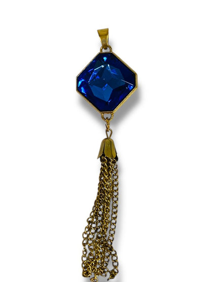 Goldtone and Blue Faceted Glass Tassel Necklace Pendant 5"