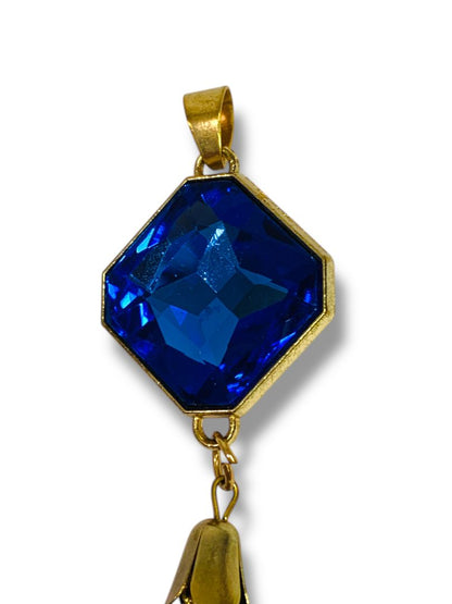 Goldtone and Blue Faceted Glass Tassel Necklace Pendant 5"
