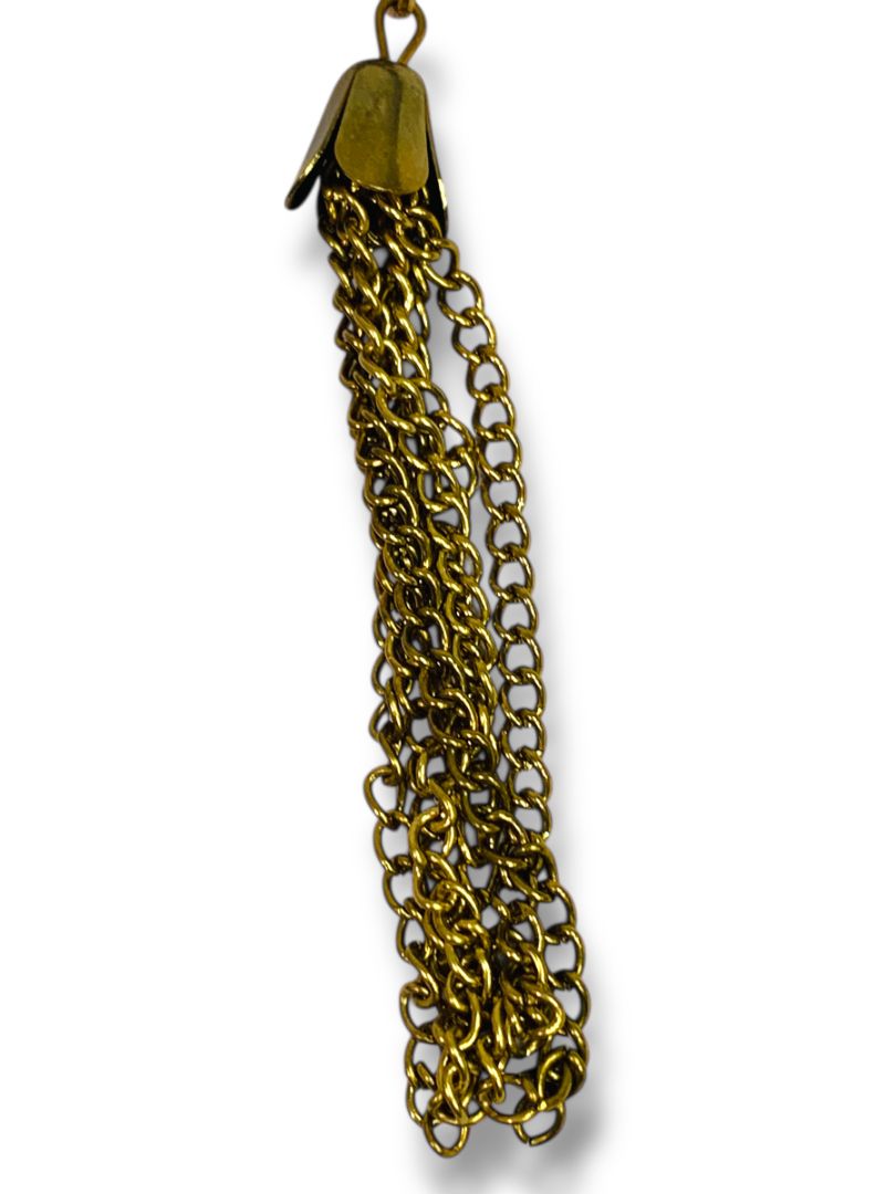 Goldtone and Blue Faceted Glass Tassel Necklace Pendant 5"